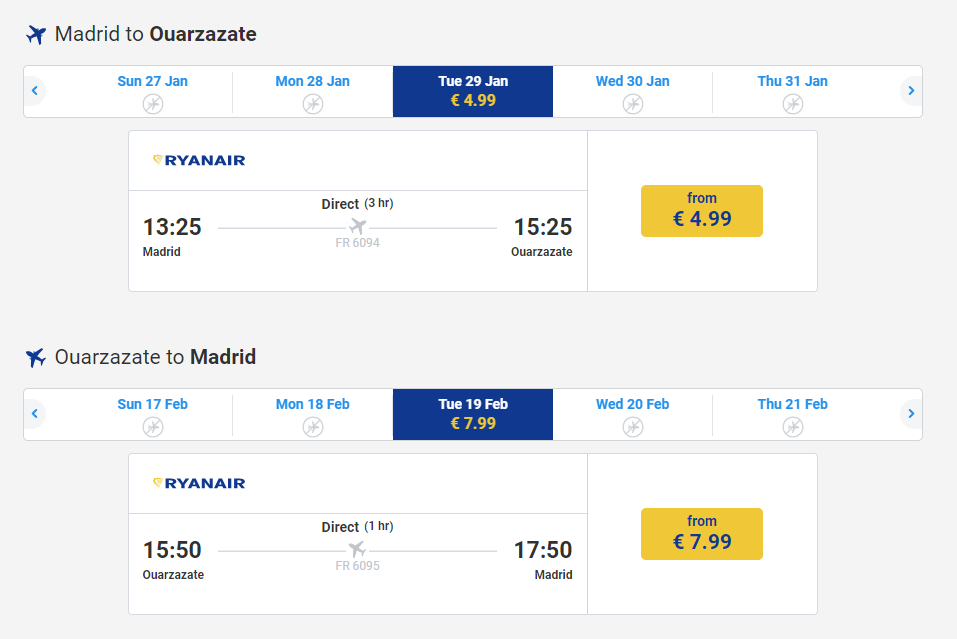 AIRPLANE MADRID TO OUARZAZATE 13 EUROS ROUND TRIP