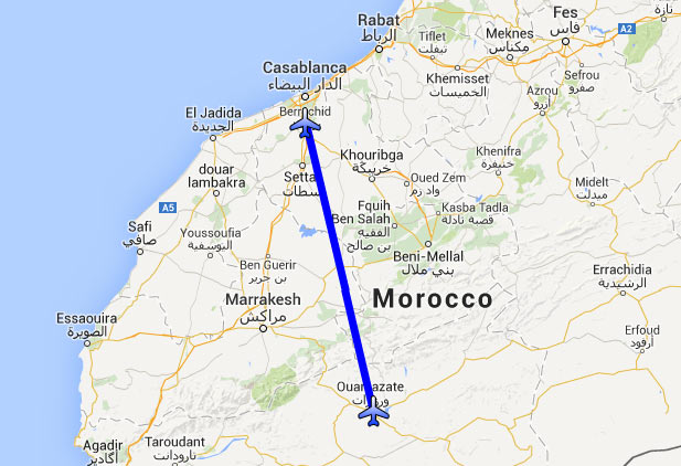 Mapa do trajecto Avião Casablanca para Ouarzazate