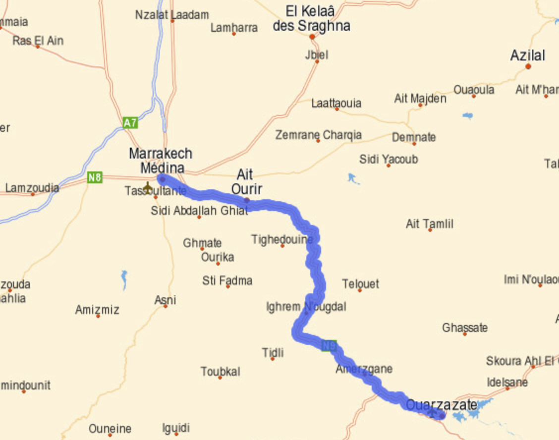Mapa estrada Marrakech Ouarzazate Marrocos